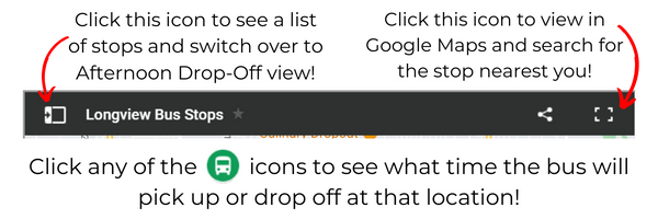 Arrow icon opens list and switches to drop-off view. Frame icon opens in Google Maps. Click buses for times.